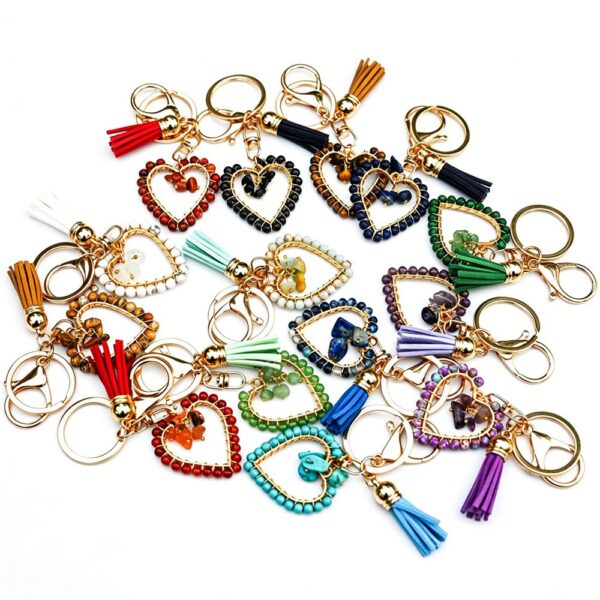 Wholesale Chic Natural Stone Heart Tassel Keychain Amethyst, DIY Bag Charm for Resale