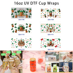 Wholesale 5pcs Fresh Cozy Christmas Bear Coffee Cup Bow Star Snowflake Lettering Mixed Decor Prints 16oz Cup UV DTF Wraps