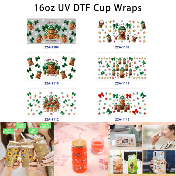 oly-90ae1729492209a9792e7b44c2cadbe2 Wholesale 5pcs Fresh Cozy Christmas Bear Coffee Cup Bow Star Snowflake Lettering Mixed Decor Prints 16oz Cup UV DTF Wraps