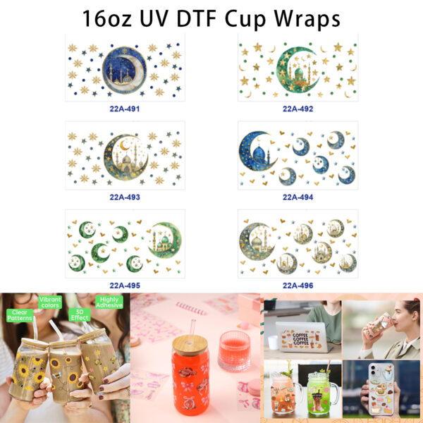 oly-92719a3bbfc56aa80c8071f462281fd6 Wholesale 5pcs Watercolor Golden Crescent Moon Star Retro Dome Building Mixed Decor Prints 16oz Cup UV DTF Wraps