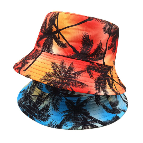 oly-92b312424227580ff5a507d366b649f7 Wholesale Chic Orange Double Sided Fisherman Hat with Colorful Coconut Tree Print Unisex Sun Hat