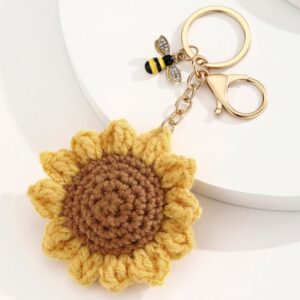 oly-93d576831369f6ac38f28084eebb3b7e Wholesale Wool Crochet Sunflower Keychain with Bee Pendant - Gift, Bag Charm, Car Key Accessory