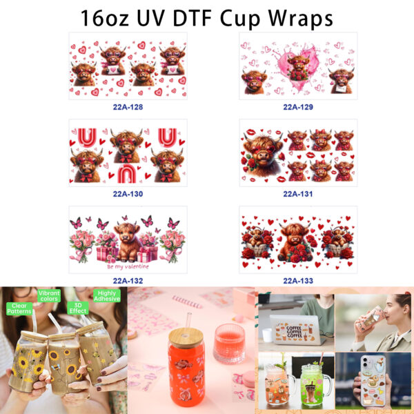 oly-93eee5ca411686f85430de9005ff30b4 Wholesale 5pcs Valentine Fluffy Farm Calf Heart Rose Butterfly Rainbow Romantic Mixed Print 16oz Cup UV DTF Wraps