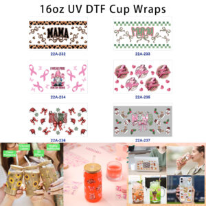oly-94716ce80a993321b8043cd3a41930e0 Wholesale 5pcs Mama Text Bow Leopard Checkerboard Pink Ribbon Cute Cartoon Figure Christmas Snowman Mixed Print 16oz Cup UV DTF Wraps
