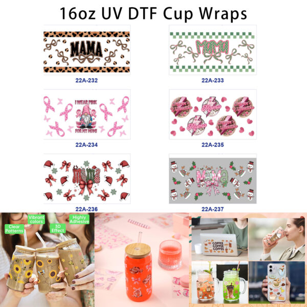 oly-94716ce80a993321b8043cd3a41930e0 Wholesale 5pcs Mama Text Bow Leopard Checkerboard Pink Ribbon Cute Cartoon Figure Christmas Snowman Mixed Print 16oz Cup UV DTF Wraps