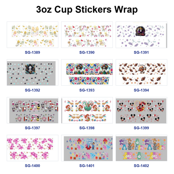 oly-94d1e6b6dd9b47e595693089514cfcc5 Wholesale 8pcs Mixed Cute Cartoon Doll Skull Sport Animal Print 3oz Cup Stickers Wrap OLY Exclusive