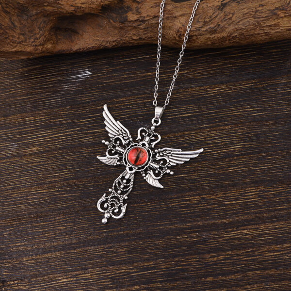 oly-94e55946ed0fe80200c149e5ecdd795c Wholesale Vintage Evil Eye Cross Pendant Necklace with Angel Wings, Zinc Alloy Red, Fashion Jewelry Accessory for Boutique Resale