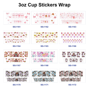 Wholesale 8pcs Mixed Pink Bow Cartoon Doll Heart Leopard Western Girl Floral Print 3oz Cup Stickers Wrap