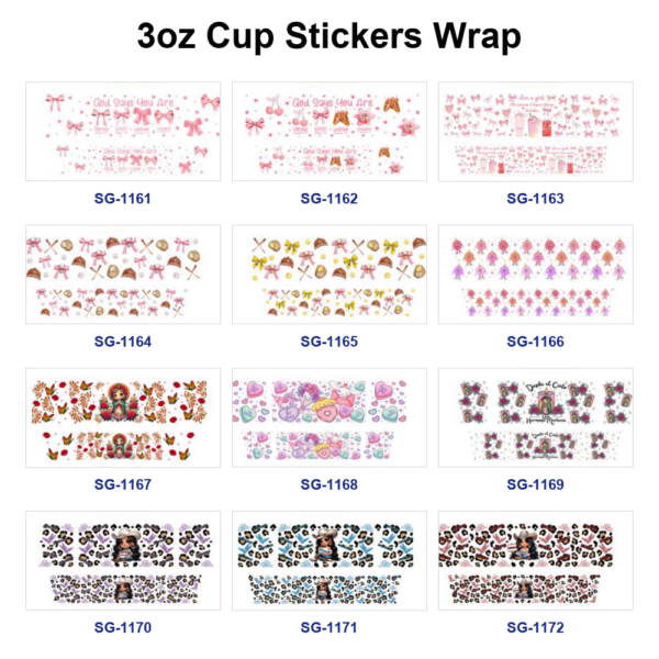 oly-94ef19be63e9307b5a6f1414225815fa Wholesale 8pcs Mixed Pink Bow Cartoon Doll Heart Leopard Western Girl Floral Print 3oz Cup Stickers Wrap
