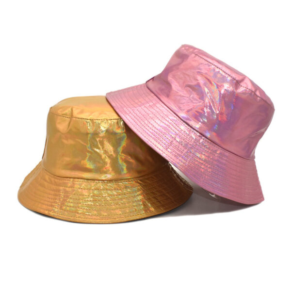 Wholesale PU Leather Holographic Fisherman Hat Sun Protection Wide Brim Flat Top Boutique Summer Hat for Men Women
