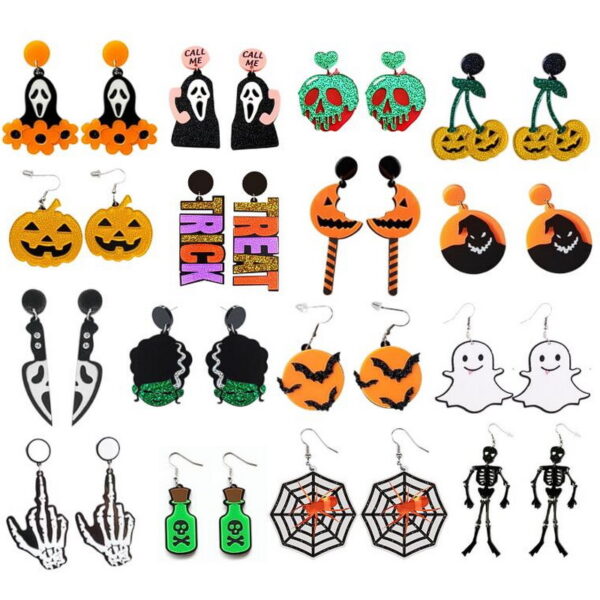 oly-96940f48336ece36586147a4a0b4ad80 Wholesale Halloween Asymmetric Glitter Letter Acrylic Earrings Spooky Pumpkin Ghost Skeleton Fashion Accessory Gift for Boutique Resale