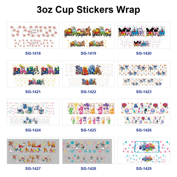 oly-9770360defb2f68ade82142daeba8502 Wholesale 8pcs Mixed Mama Letter Cartoon Floral Print 3oz Cup Stickers Wrap OLY Exclusive
