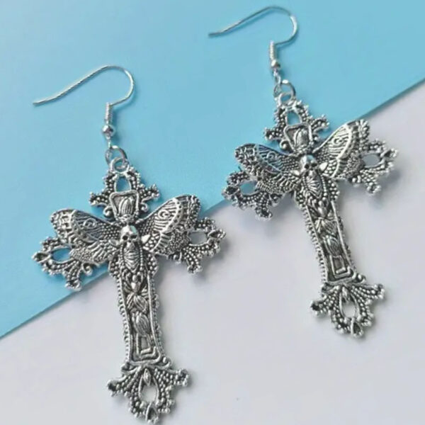 oly-980ebd231e5c8032158ebe9e9981ec4d Wholesale Gothic Vintage Cross Moth Earrings, Alloy Silver Plated Jewelry Accessory for Party or Everyday Wear
