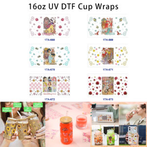 Wholesale 5pcs European Fairytale Maiden Rose Heart Scroll Star Checker Mixed Decor Prints 16oz Cup UV DTF Wraps OLY Exclusive