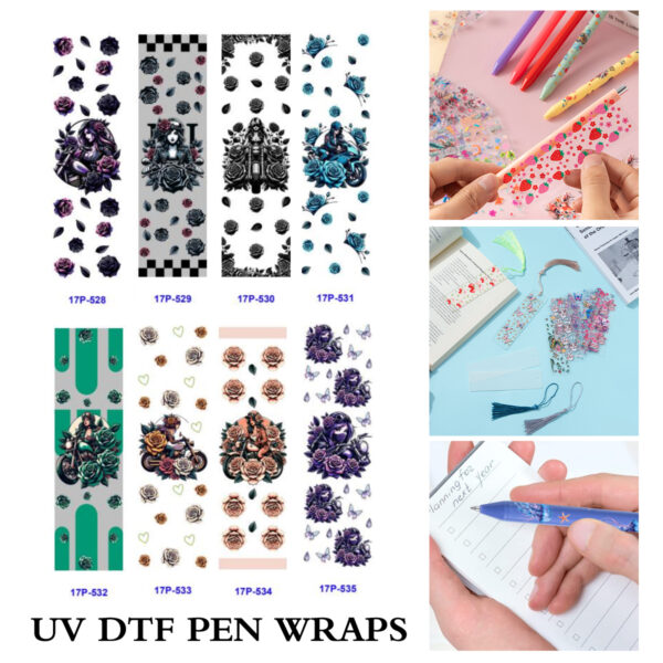 oly-98dbe0152a60ae49b62cb8c12265c034 Wholesale 2/8/16pcs Gothic Motorcycle Lady Dark Rose Checkerboard Series UV DTF Pen and Bookmark Stickers