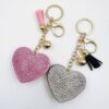 Wholesale Leather Heart Rhinestone Keychain with Tassel Bag Charm for Wedding Gift