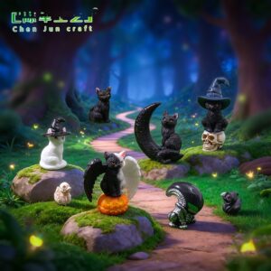 Wholesale Halloween Black and White Twin Cat Resin Figurine, Decorative Desktop Accent