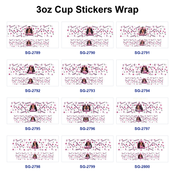 Wholesale 8pcs Zodiac Pink Cartoon Girl Print 3oz Cup Stickers Wrap