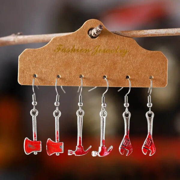 oly-9dcd0ebf2c7b648f9a123a2d7f8beba4 Wholesale Halloween Dark Gothic Skull Saw Axe Hammer Earring Set Fashion Accessory Gift