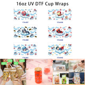 Wholesale 5pcs Cute Sleepy Cloud Super Hero Cartoon Figure Star Spider Bat Shield Mixed Decor Prints 16oz Cup UV DTF Wraps OLY Exclusive