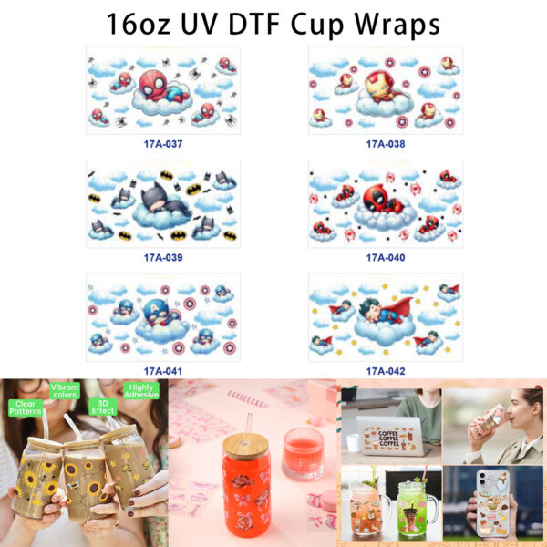 oly-a08136d09d428f6ae950749649c4c50f Wholesale 5pcs Cute Sleepy Cloud Super Hero Cartoon Figure Star Spider Bat Shield Mixed Decor Prints 16oz Cup UV DTF Wraps OLY Exclusive