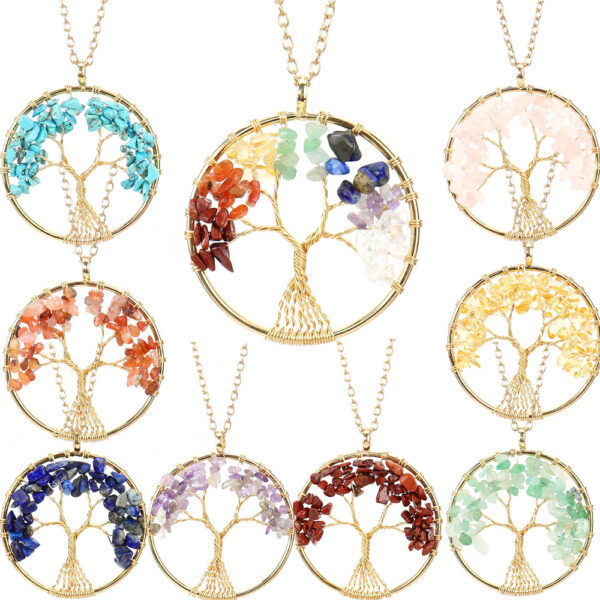 Wholesale Handmade Tree of Life Necklace Gold Tone Natural Crystal Chips Boutique Jewelry Gift