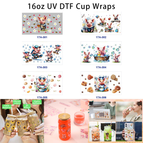 oly-a22eca5d56a1fc0ce6323cd953f251b8 Wholesale 5pcs Summer Daily Cute Cartoon Pig Gardening Reading Skating Bath Baking Mixed Decor Prints 16oz Cup UV DTF Wraps
