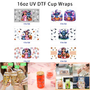 Wholesale 5pcs Halloween Island Girl Blue Alien Creature Pumpkin Bat Ghost Flower Checkered Mixed Decor Prints 16oz Cup UV DTF Wraps OLY Exclusive