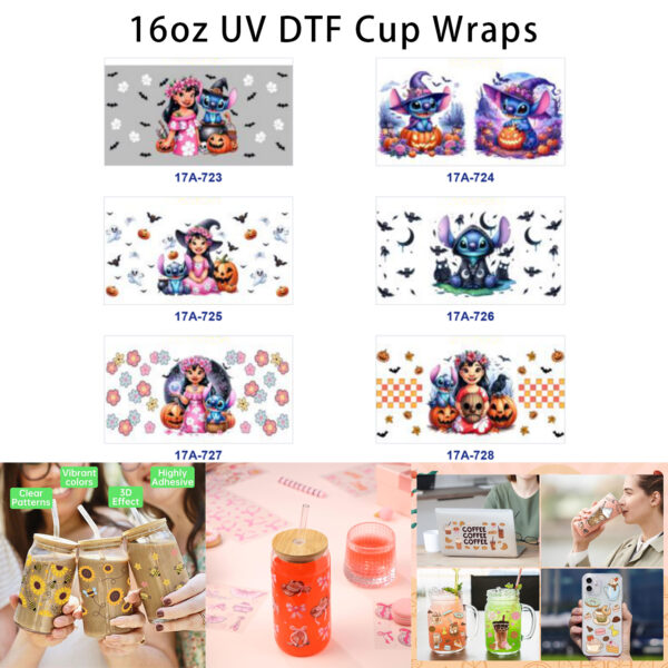 Wholesale 5pcs Halloween Island Girl Blue Alien Creature Pumpkin Bat Ghost Flower Checkered Mixed Decor Prints 16oz Cup UV DTF Wraps OLY Exclusive