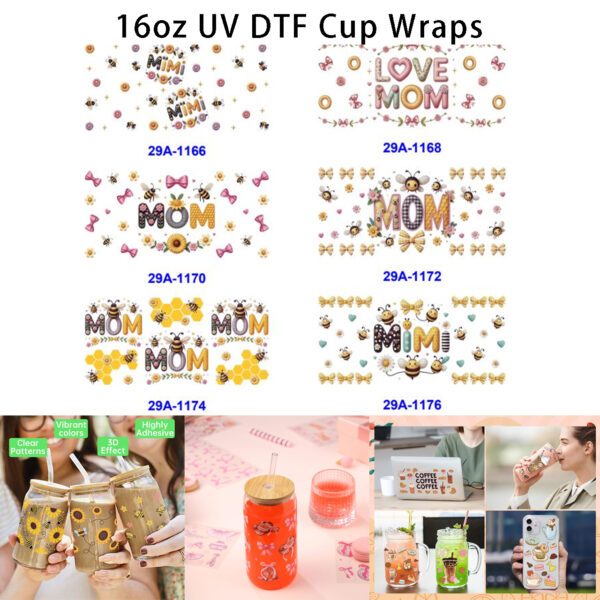 Wholesale 16oz Mother's Day Letter Cartoon Series Cup UV DTF Wraps