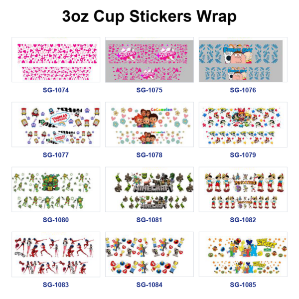 oly-a58337bcbc0864ed15a6a45ee74c64cf Wholesale 8pcs Mixed Pink Heart Fashion Doll Cartoon Train Toddler Character Game Dinosaur Puppet Print 3oz Cup Stickers Wrap OLY Exclusive