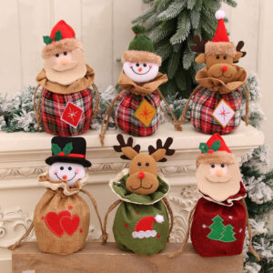 oly-a5c1e710db5bca7fbe657e6ac44e4883 Wholesale Burlap Christmas Gift Bag Cartoon 3D Drawstring with Jingle Bell Holiday Decor