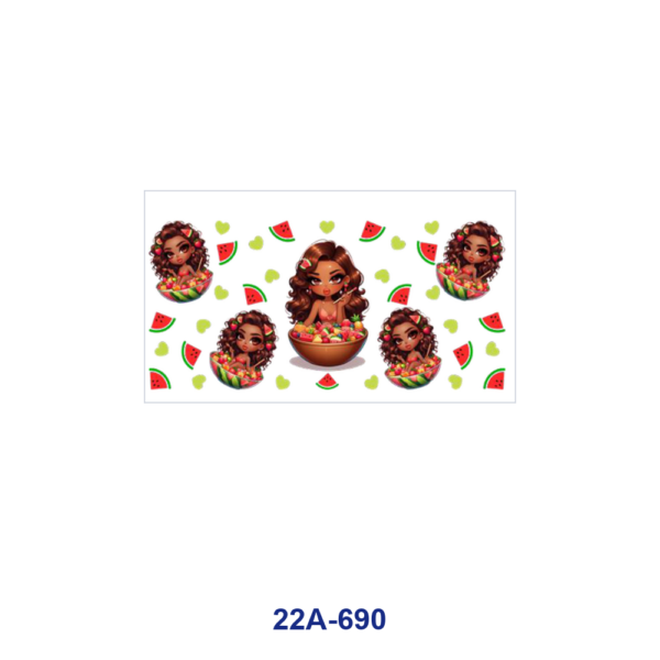 oly-a5c9b58c88c8b89d2f0b8abb9e29c168 Wholesale 5pcs Luscious Sweet Cartoon Curly Hair Girl Donut Popcorn Watermelon Cupcake Strawberry Cream Dessert Heart Star Mixed Decor Prints 16oz Cup UV DTF Wraps