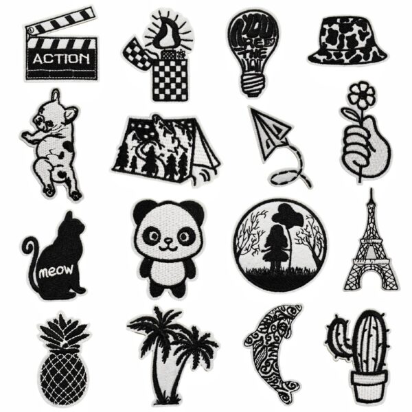Wholesale 16pcs Black White Cartoon Embroidered Patches for Clothing Decoration Trendy Fashion Accessory