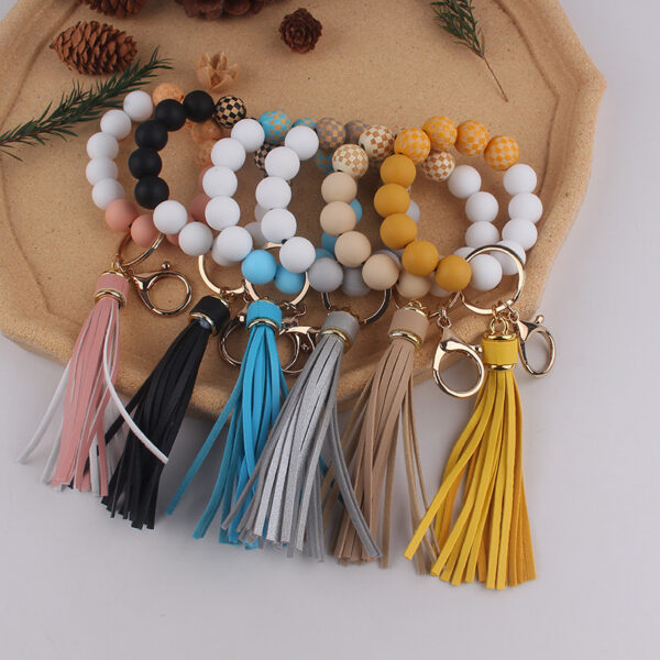 Wholesale Beige Silicone Keychain Bracelet with Wood Beads, Chic Fashion Accessory Gift