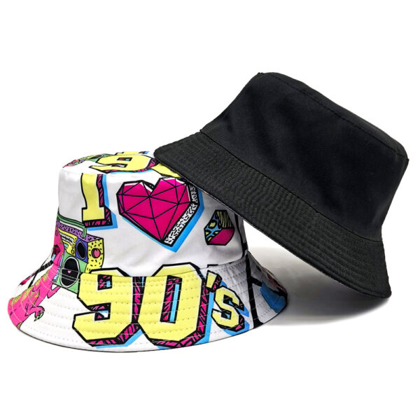 Wholesale Stylish 90s Party Bucket Hat Unisex Double Sided White Print Sun Protection