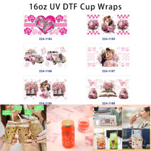 oly-adc159b2b740d3a4f64cfb4547b662dd Wholesale 5pcs Soft Blush Pink Vintage Valentines Wedding Diamond Ring Rose Couple Retro Car Butterfly Bow Bell Cake Book Checker Heart Mixed Decor Prints 16oz Cup UV DTF Wraps