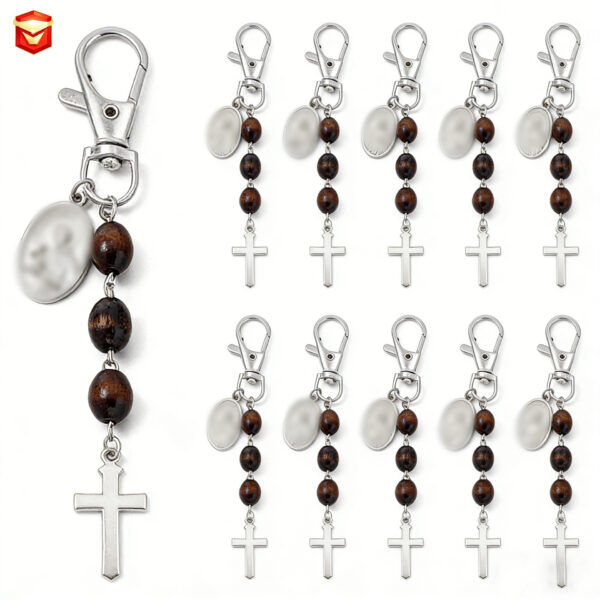 oly-adfd658d0a0d2dc9d9c66e93f0354c38 Wholesale European American Style Alloy Cross Wood Bead Keychain Fashion Accessory for Baptism Gift