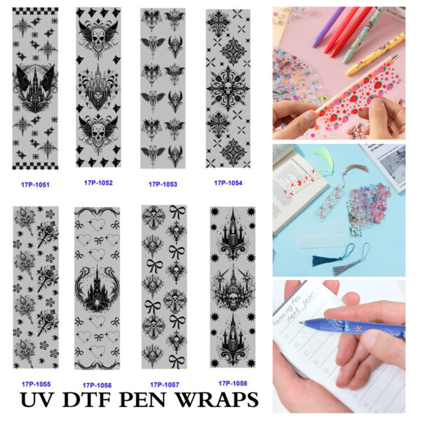 oly-aed2d836ac2584e5d71f116d58b74102 Wholesale 2/8/16pcs UV DTF Stickers Wing Skull Gothic Castle Ornament Patterns Pen and Bookmark Stickers