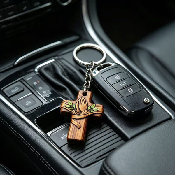 oly-af8569eaf8bcc293d2fbf9e3eeb9ea99 Wholesale Minimalist Wooden Cross Keychain with Prayer Hands and Leaf Design - Gift, Bag Charm, Jewelry Accessory