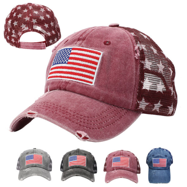 oly-afdcd3547ed6920ac69eff690a50c5eb Wholesale Adjustable Mesh Cap with American Flag Embroidery Patriotic Fashion Baseball Hat