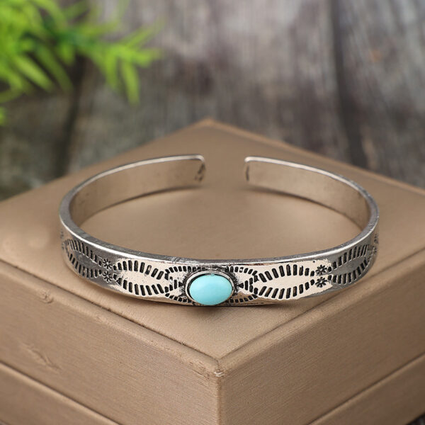 Wholesale Vintage Silver Alloy Turquoise Pattern Bangle Bracelet, Bohemian Geometric Jewelry Accessory for Everyday Wear