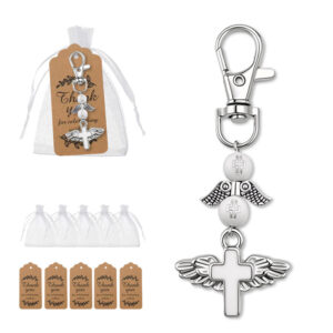 oly-b00c8d0bc57c9f00f757ef8ab9090cfb Wholesale Alloy Cross Guardian Angel Keychain Pendant White Mesh Bag Gift Decorative Accessory