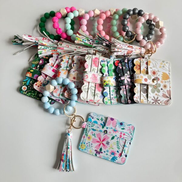 Wholesale Dark Pink PU Floral Card Holder Wallet with Keychain Fashion Accessory