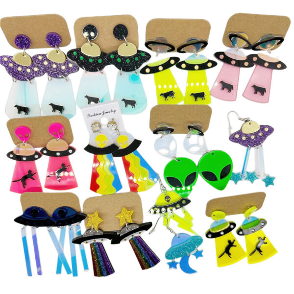 oly-b087546c42d00821937dd196abb1457f Wholesale Novelty Acrylic Earrings with Cow, Rainbow, UFO Motifs Party Jewelry Accessory