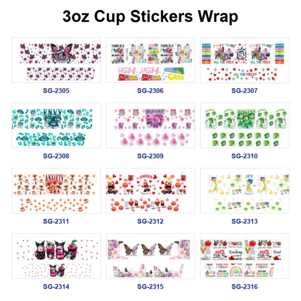 Wholesale 8pcs Mixed Butterfly Mood Cartoon Floral Quote Print 3oz Cup Stickers Wrap OLY Exclusive