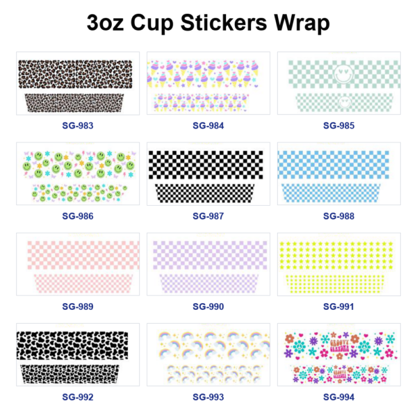oly-b2a75913582ca6379f67617a59e9aaec Wholesale 8pcs Checkered Leopard Rainbow Smiley Ice Cream Floral 3oz Cup Stickers Wrap