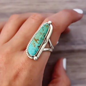Wholesale Retro Geometric Drop Turquoise Pattern Inlay Ring Fashion Jewelry Accessory for Boutique Resale