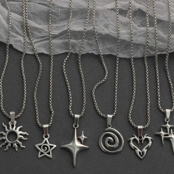 Wholesale Stainless Steel Y2K Star Necklace Set, Punk Thick Chain, 6 Pcs, Fashion Jewelry Accessory