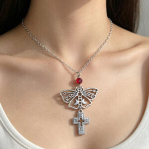 oly-b4631a122b2d52f199a4eb4f60ab6055 Wholesale Trendy Gothic Style Hollow Butterfly Cross Pendant Necklace with Red Rhinestone Y2K Sweet Cool Choker Fashion Jewelry Accessory for Party Gift